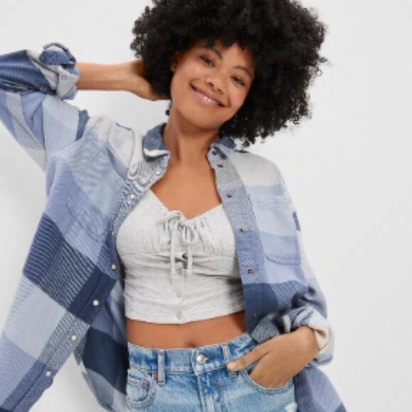 NWT - American Eagle Blue Oversized Flannel Shirt - SZ L - Picture 8 of 8